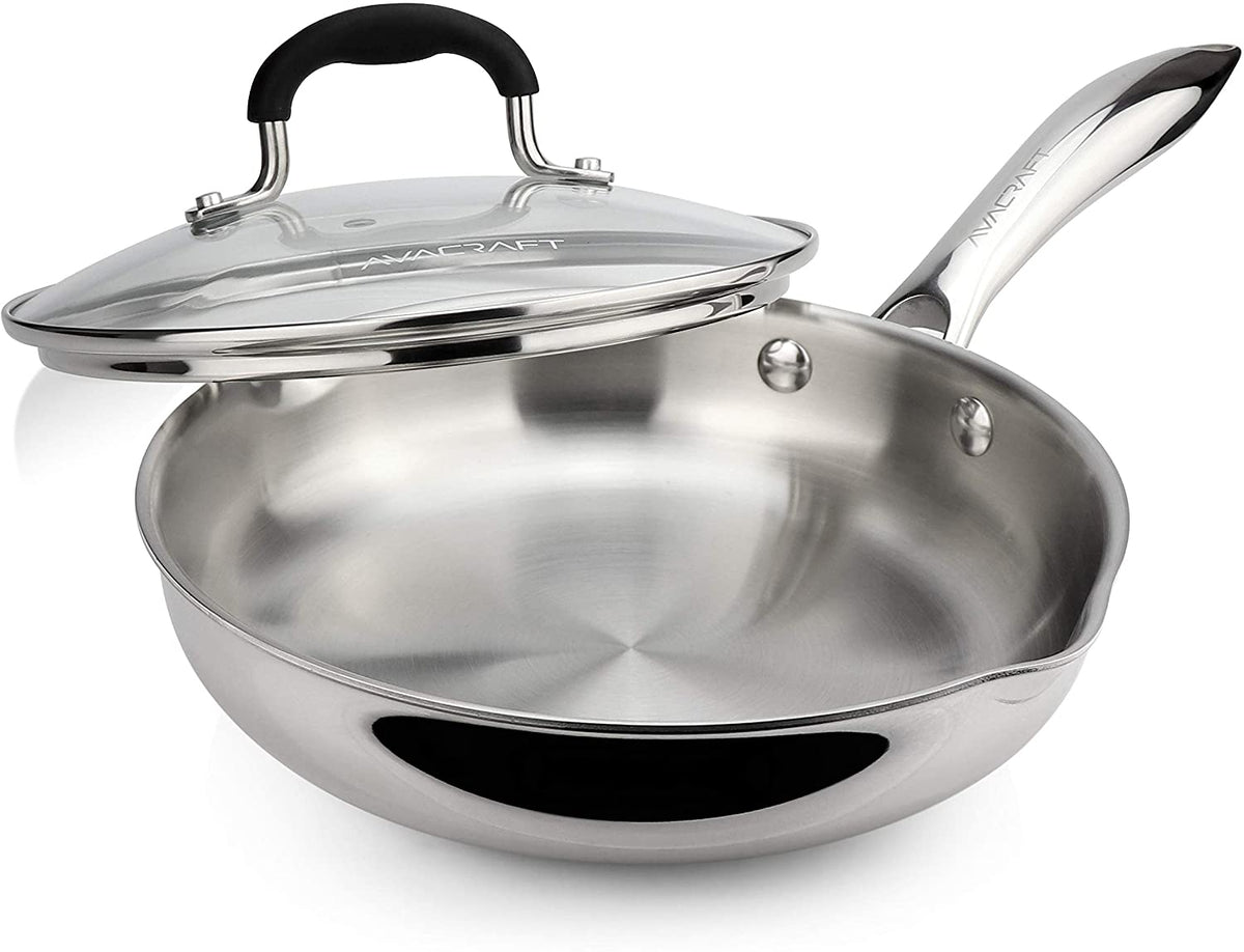 AVACRAFT 18/10 12 Inch Stainless Steel Frying Pan with Lid, Side Spouts,  Induction Pan, Versatile Stainless Steel Skillet, Fry Pan in our Pots and