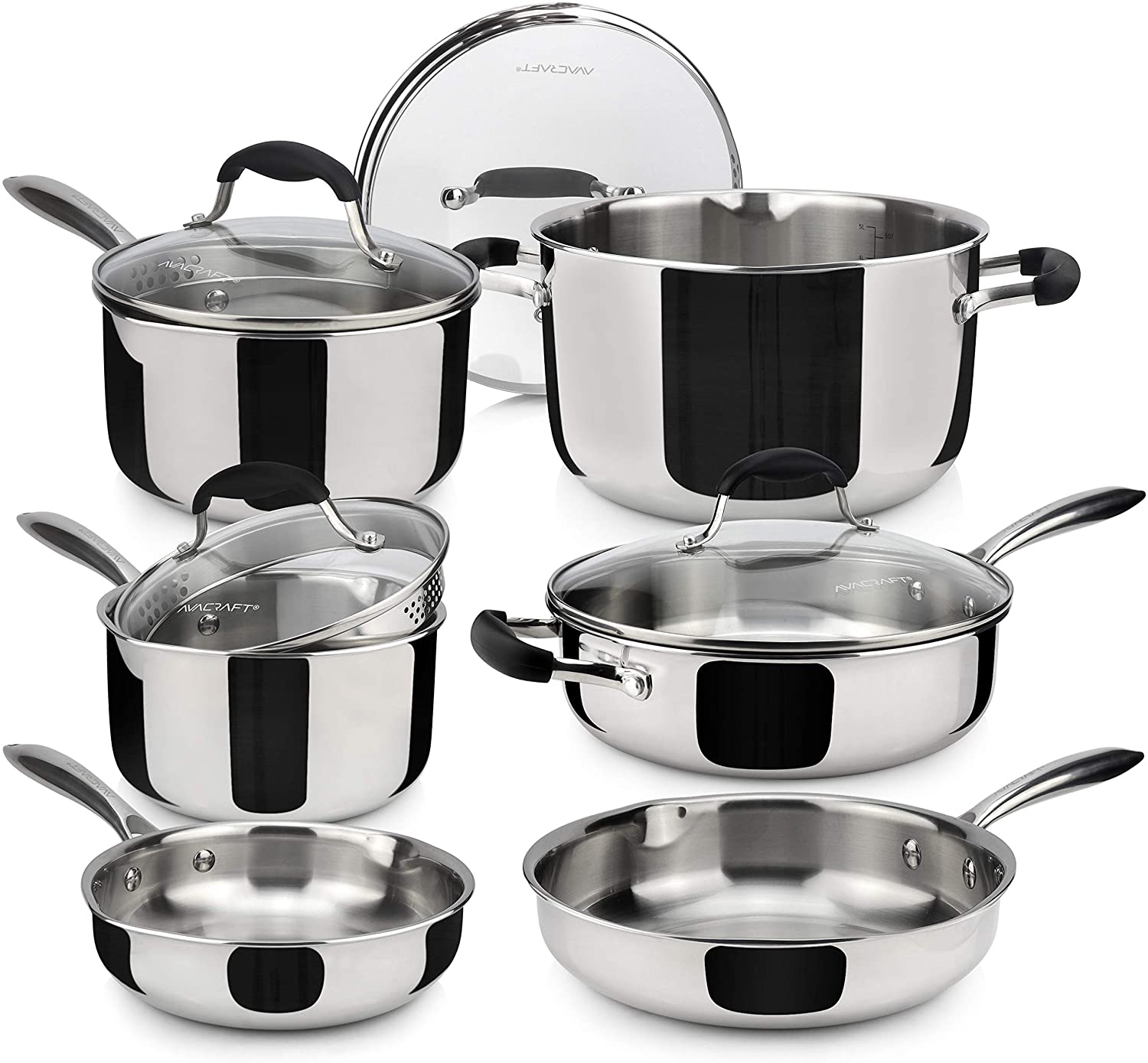 AVACRAFT 18/10 Stainless Steel Premium Multiclad Pots and Pans Set, 10-Piece Cookware Set