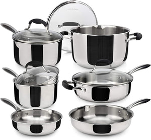 AVACRAFT 18/10 Stainless Steel Premium Multiclad Pots and Pans Set, 10-Piece Cookware Set