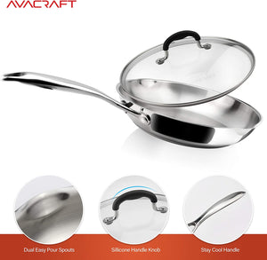 AVACRAFT 18/10 Stainless Steel Frying Pan with Lid and Side Spouts (Five-Ply Capsule Bottom, 8 Inch)