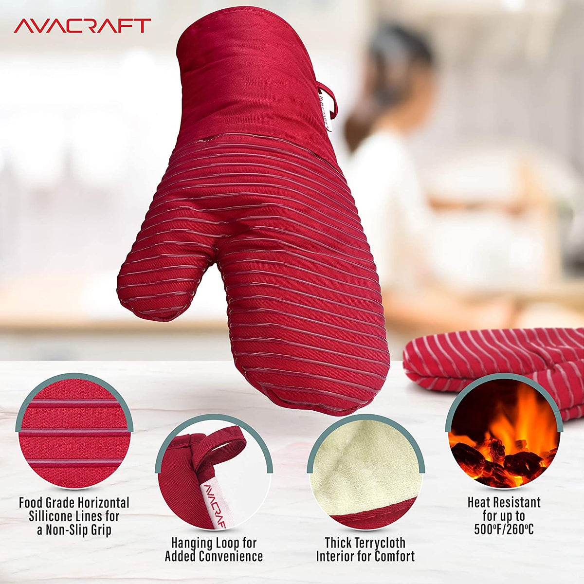Zulay Kitchen Flexible Cotton Lined with Heat Resistant Silicone Oven Mitts - Red