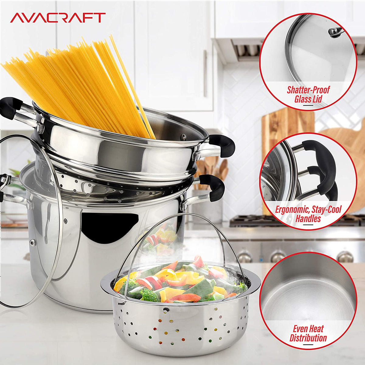 AVACRAFT 18/10, 3 Piece Stainless Steel Steamer Cooking Pot Set, Steamer for Cooking, Steamer Pan Set with Glass Lid, Momo Maker, Induction Steamer