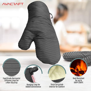 AVACRAFT Oven Mitts Pair, Flexible, 100% Cotton with Heat Resistant Food Grade Silicone, Thick Terrycloth Interior, 500 F Heat Resistant (Grey Oven Mitts)