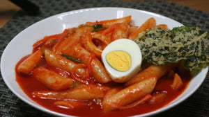 Tteokbokki with Egg and Fried Spinach