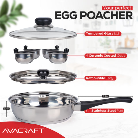 Stainless Steel 4-Cup Egg Poacher Pan with Glass Lid