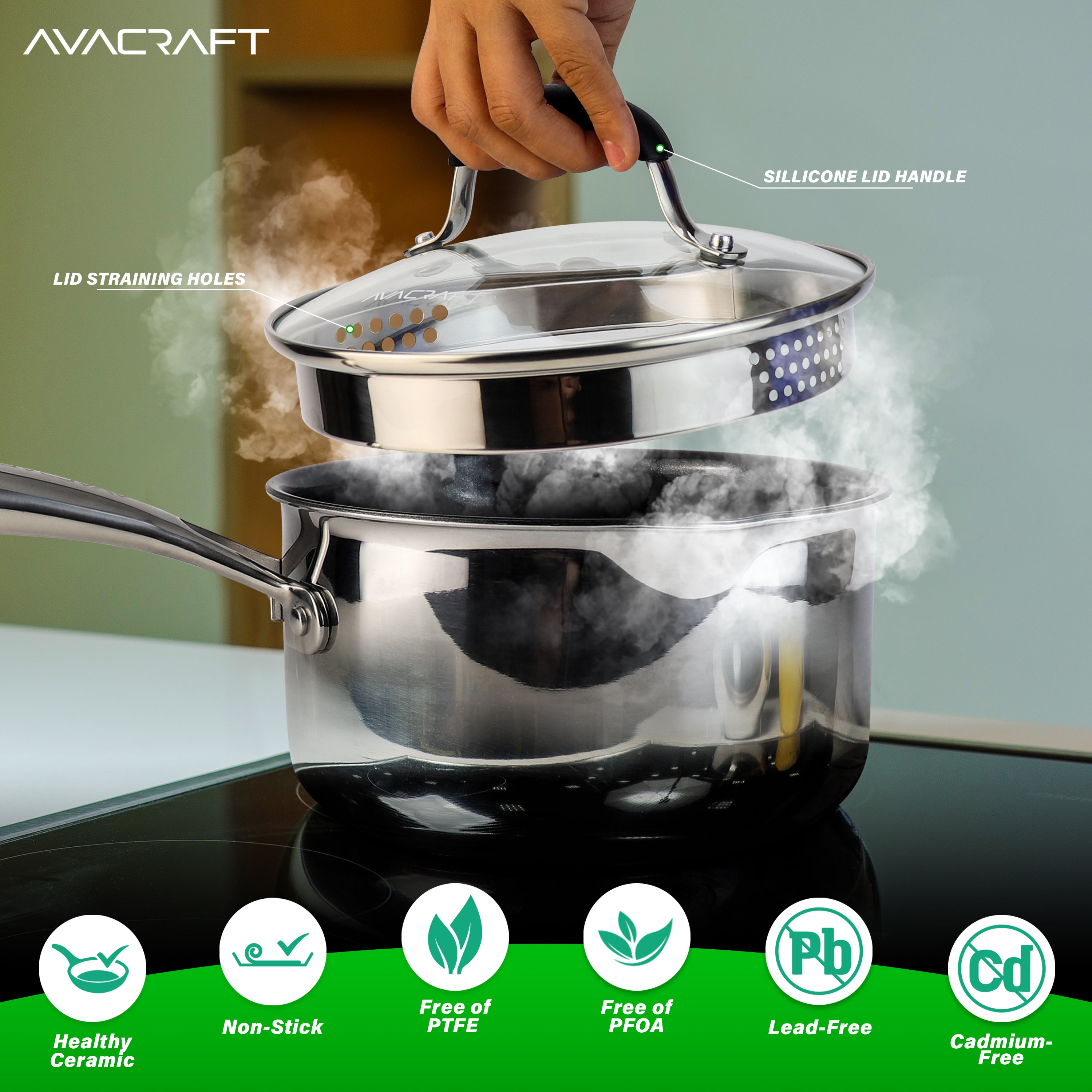 AVACRAFT Nonstick Saucepan with Glass Lid, Strainer Lid, 100% PTFE, PFOA Toxins Free, Two Side Spouts for Easy Pour, Multipurpose Sauce Pan with Lid
