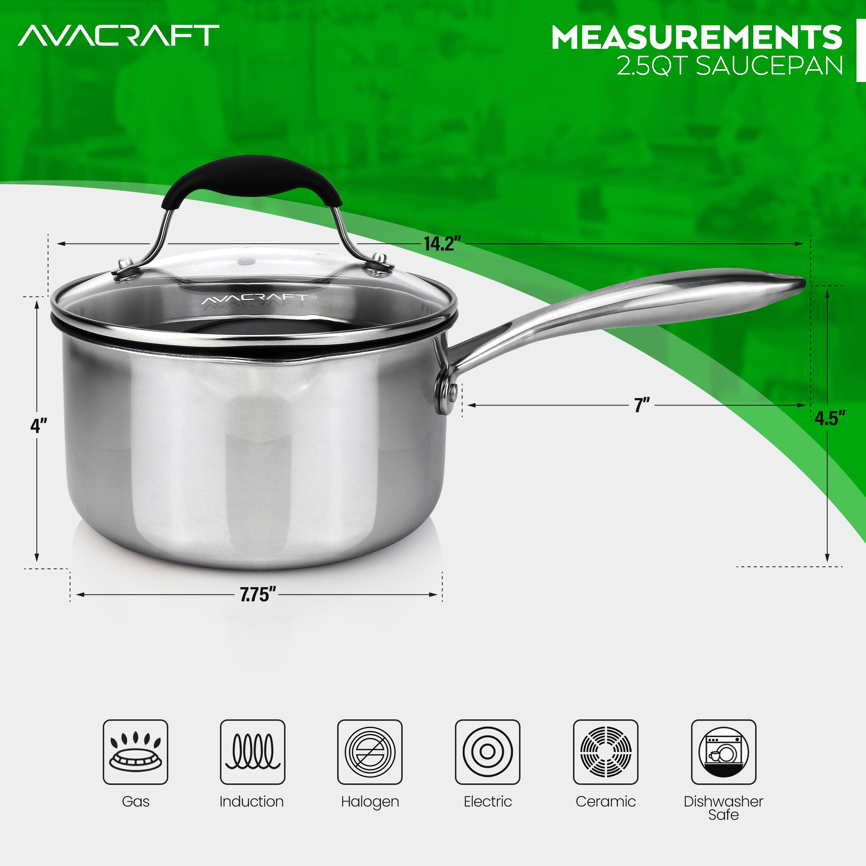 AVACRAFT Tri-Ply Stainless Steel Saucepan with Glass Strainer Lid, Two