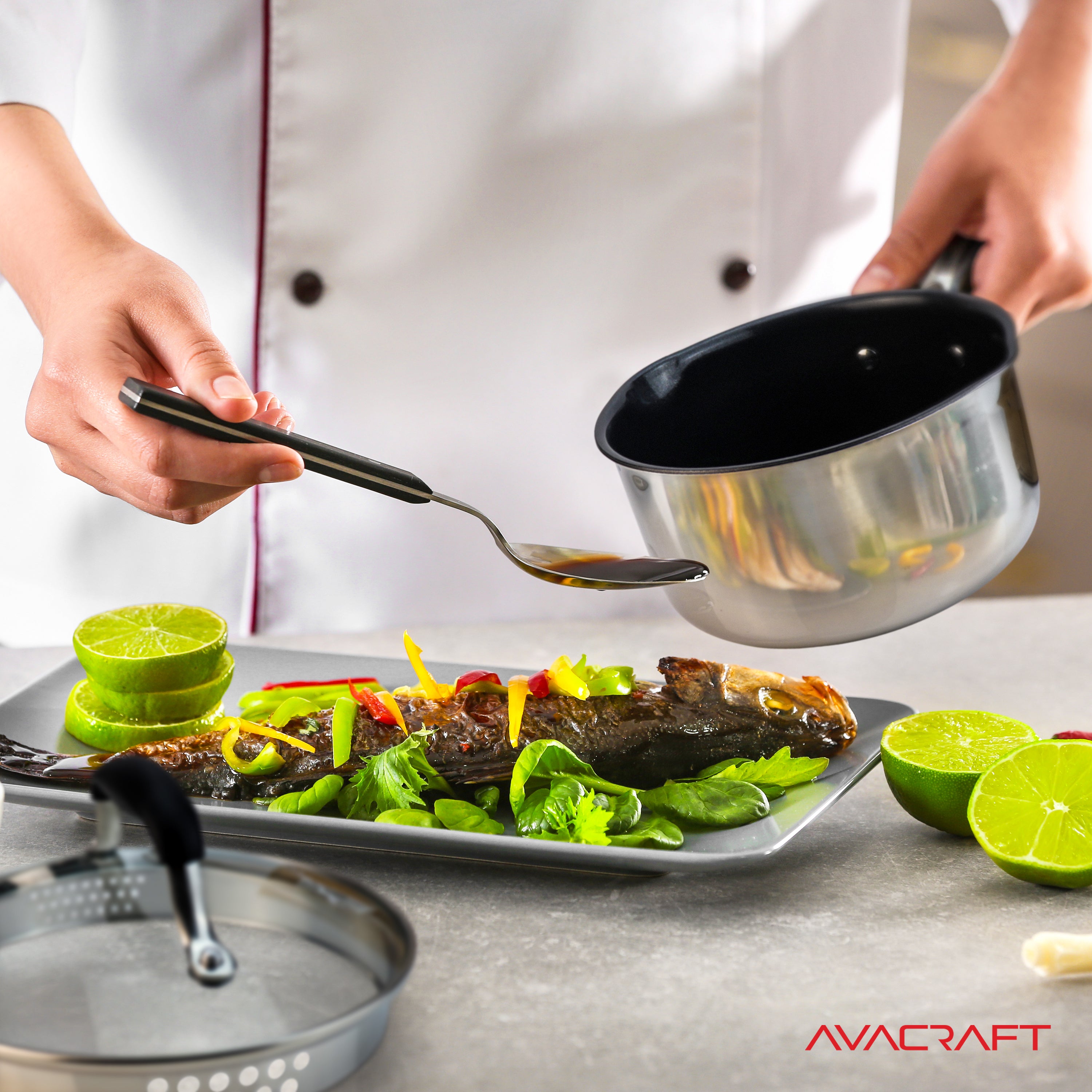 AVACRAFT 9 inch Nonstick Everyday Pan, Ceramic Multiclad Stainless Steel,  100% PTFE, PFOA Free, Ceramic Chef's Pan with Glass Lid, Kadai in Pots and