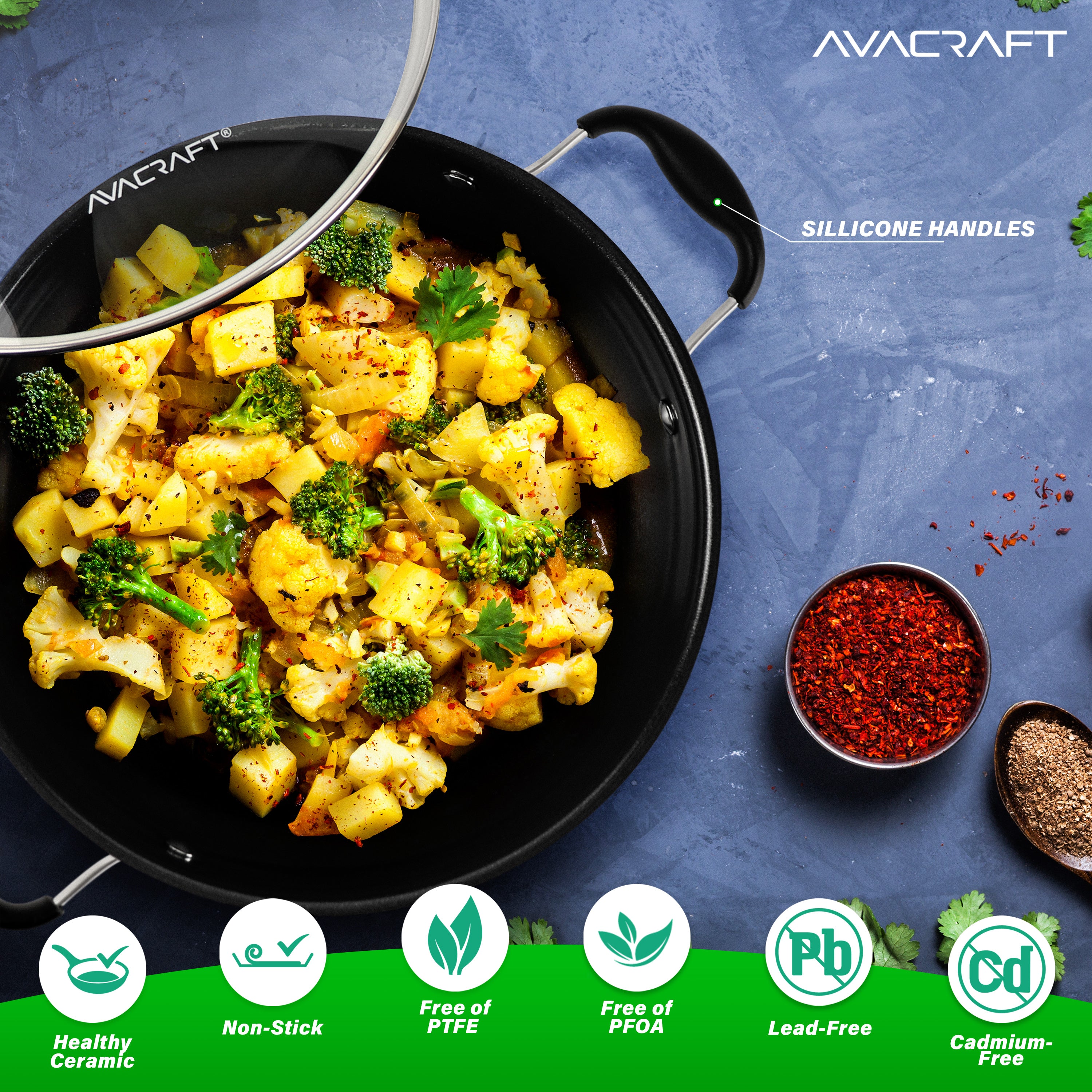 AVACRAFT 9 inch Nonstick Everyday Pan, Ceramic Multiclad Stainless Steel,  100% PTFE, PFOA Free, Ceramic Chef's Pan with Glass Lid, Kadai in Pots and
