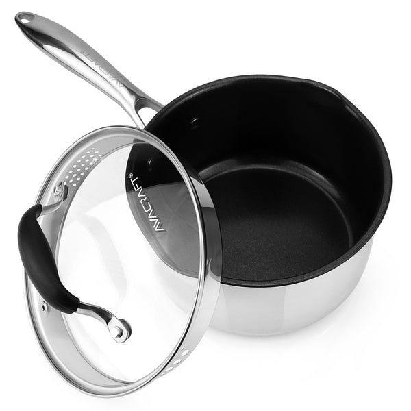 AVACRAFT Stainless Steel Saucepan with Strainer Glass Lid,Two Side Spo