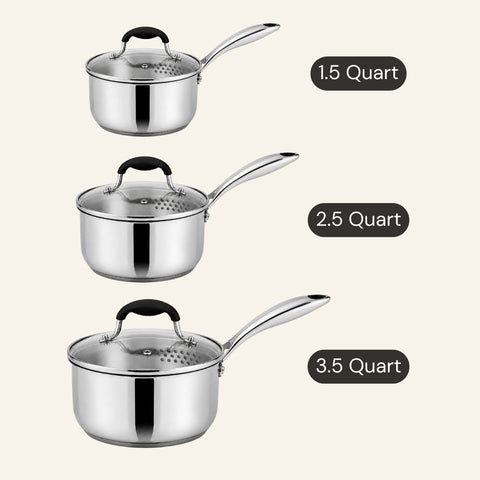 Essential Stainless Steel Saucepan Bundle - 6 Piece - 1.5, 2.5, and 3.5 Quart