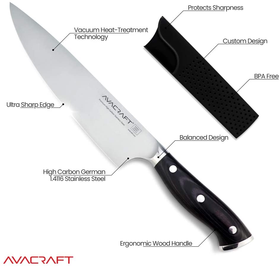AVACRAFT Chef's Knife, Meat Knife, German 1.4116 High Carbon Stainless Steel, Ergonomic Wooden Handle, Knife with Custom Storage Case (8" Chef's Knife)