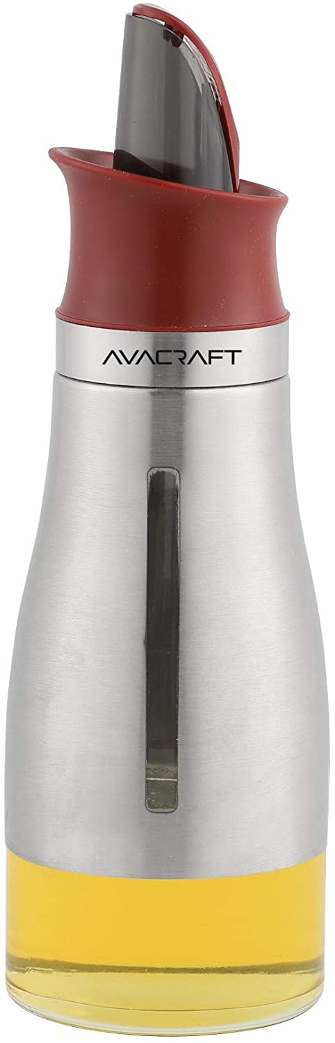 AVACRAFT Glass and Stainless Steel Oil Dispenser with Automatic Open Close Pouring Spout, 10 Oz (OC2)