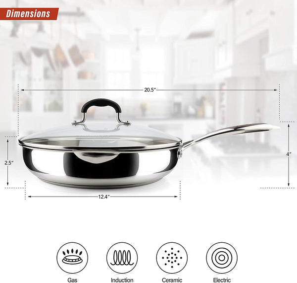 AVACRAFT 18/10 12 Inch Stainless Steel Frying Pan with Lid, Side Spouts,  Induction Pan, Versatile Stainless Steel Skillet, Fry Pan in our Pots and