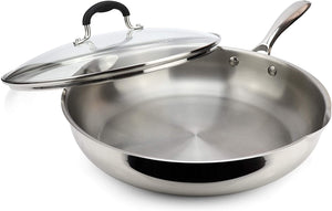 AVACRAFT 18/10 Stainless Steel Frying Pan with Lid and Side Spouts (Five-Ply Capsule Bottom, 12 Inch)
