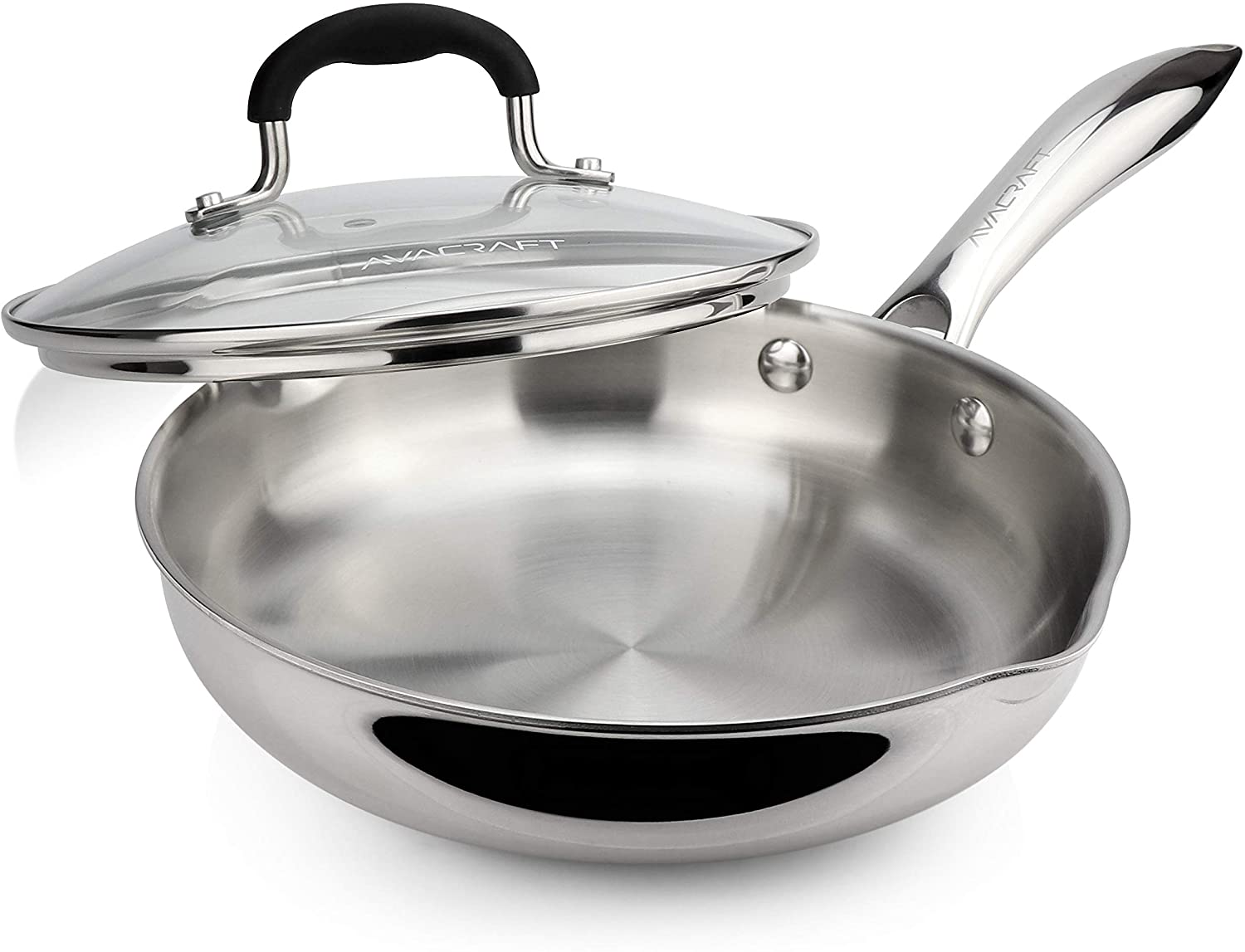 8 Inch Tri-Ply Stainless Steel Frying Pan with Lid, Side Spouts, Induction  Pan