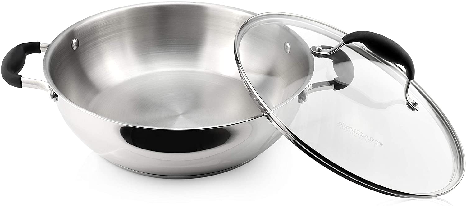 AVACRAFT 18/10 Tri-Ply Stainless Steel Frying Pan with Lid, Side Spout