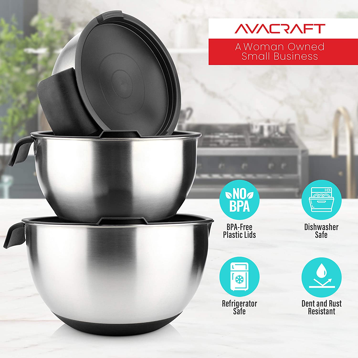 AVACRAFT 18/10 Top Rated Stainless Steel Mixing Bowls with Lids, Non-Slip Silicone Base, Measurement Marks and Handle, (Black)