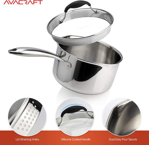 AVACRAFT Top Rated Tri-Ply Stainless Steel Saucepan with Glass Strainer Lid, Two Side Spouts, Ergonomic Handle (Tri-Ply Full Body, 3.5 Quart)