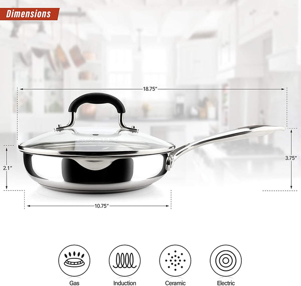 AVACRAFT 18/10 Stainless Steel Frying Pan with Lid and Side Spouts