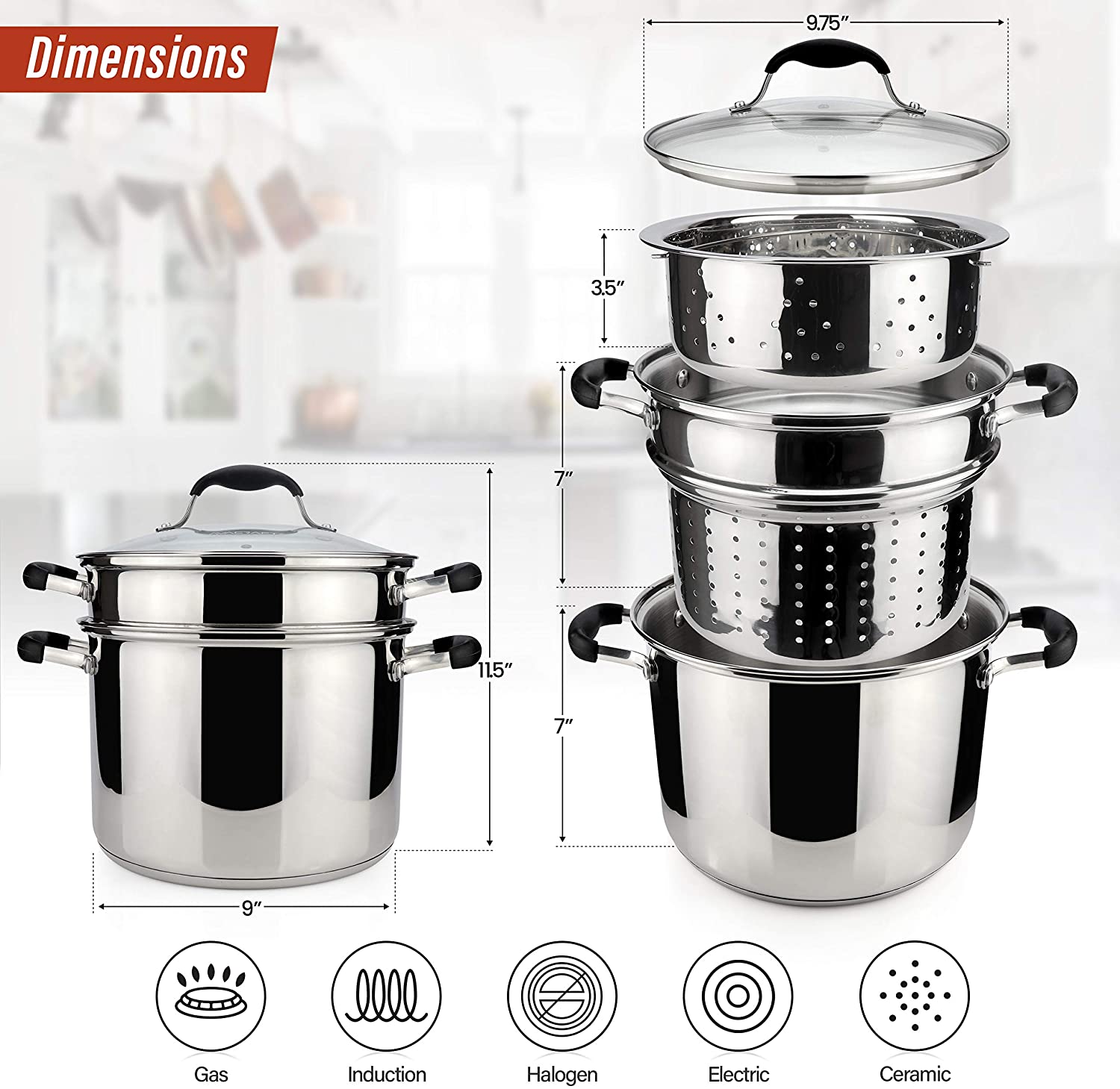 AVACRAFT 18/10 Stainless Steel, 4 Piece Pasta Pot with Steamer and Pasta Insert (7 Quart)