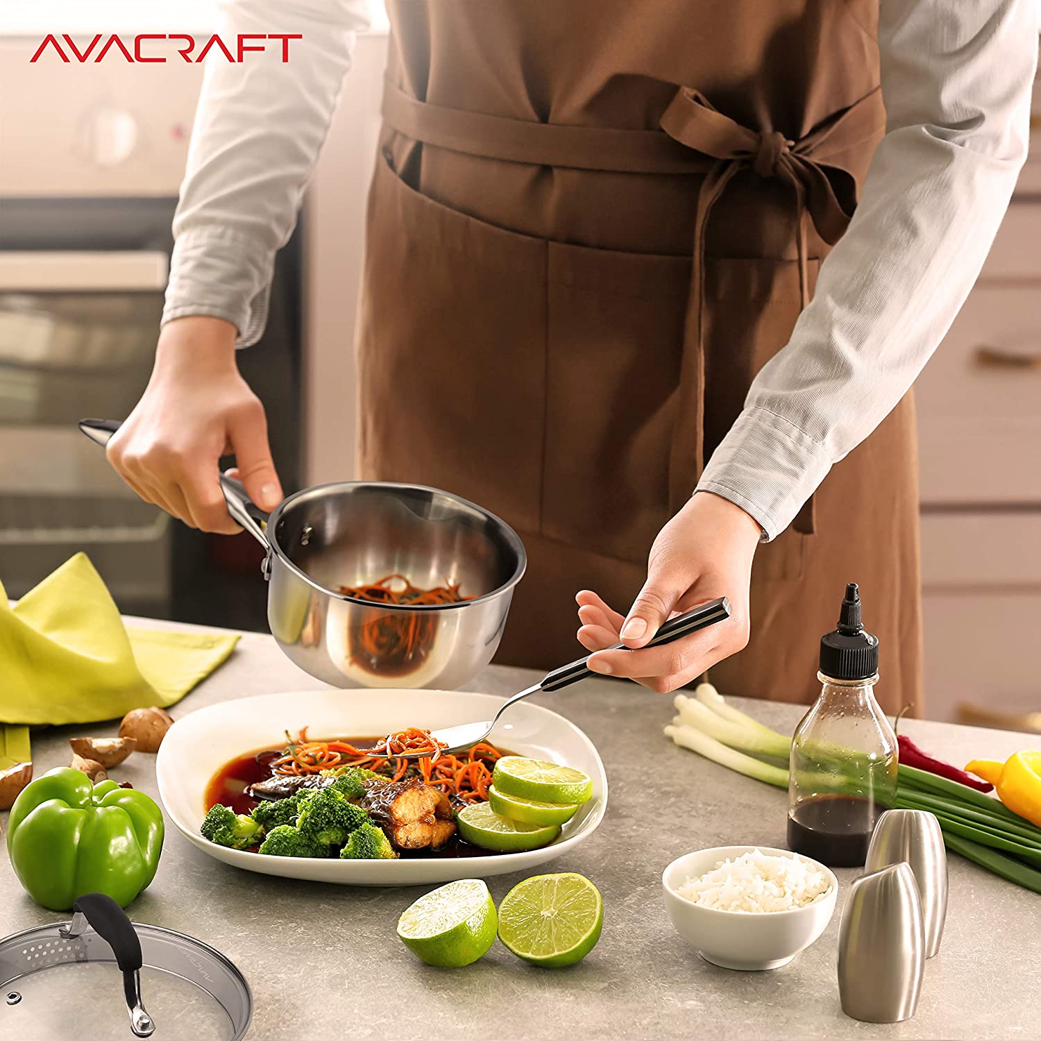 AVACRAFT Multipurpose Sauce Pan / Pot, Stainless Steel with Glass Strainer  Lid, Two Side Spouts for Easy Pour with Ergonomic Handle (Tri-Ply Capsule