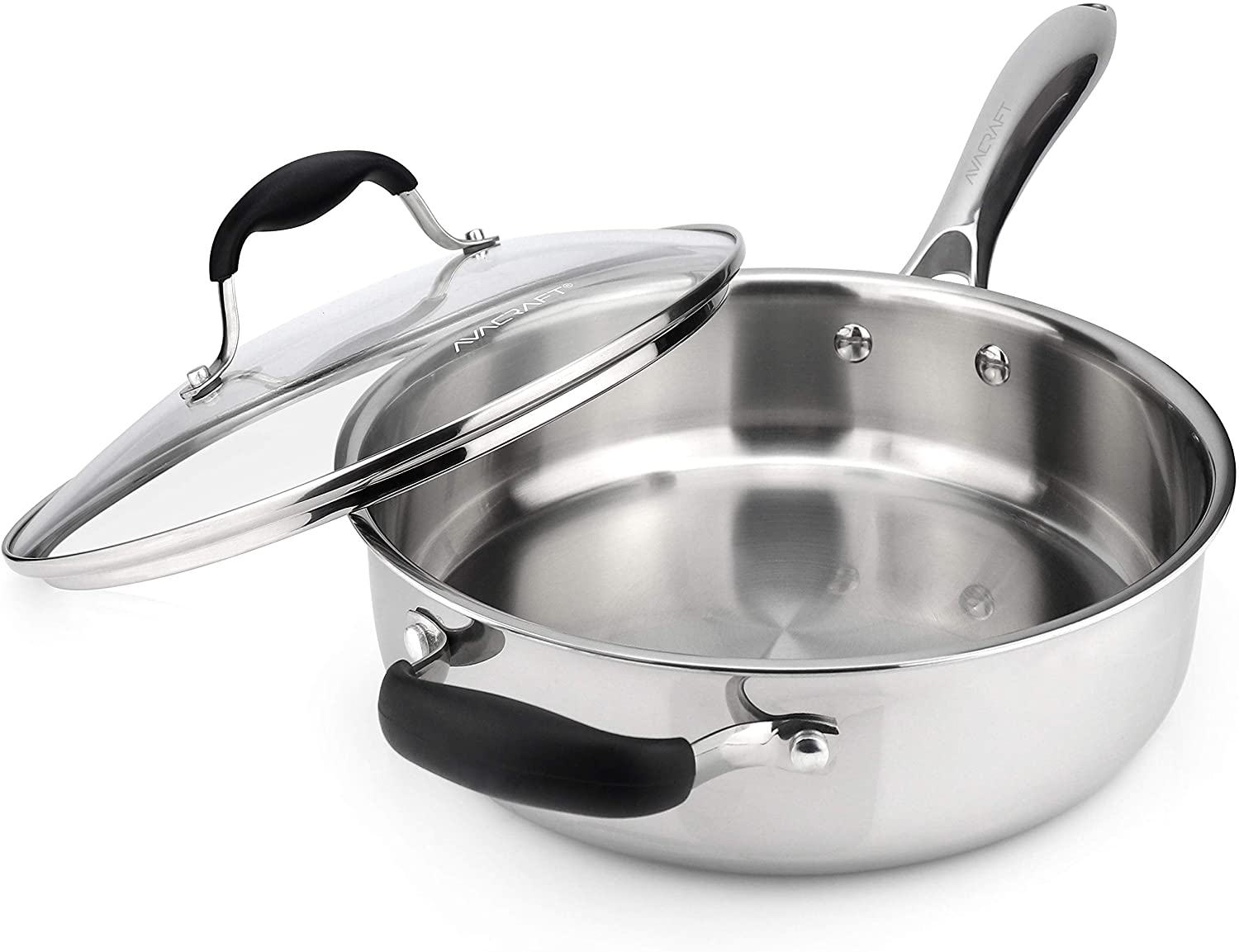 AVACRAFT 18/10 Stainless Steel Frying Pan with Lid and Side Spouts, Induction Co