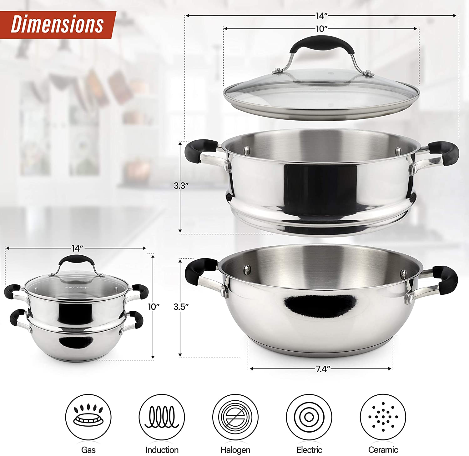 AVACRAFT 18/10, 3 Piece Stainless Steel Steamer Cooking Pot Set, Steamer for Cooking, Everyday Pan, Steamer Pan Set, with Glass Lid, Induction Cooktop