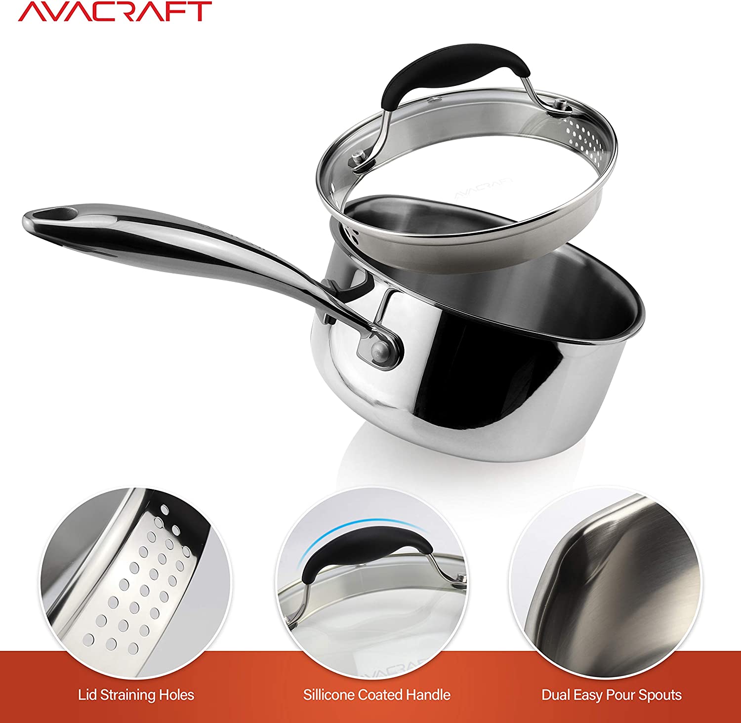 Stainless Steel Saucepan with Pour Spout, 1.5 Quart Induction Saucepan,  Capsule Bottom Steel Saucepan, Sauce Pan with Glass Lid, Imitation Wood 