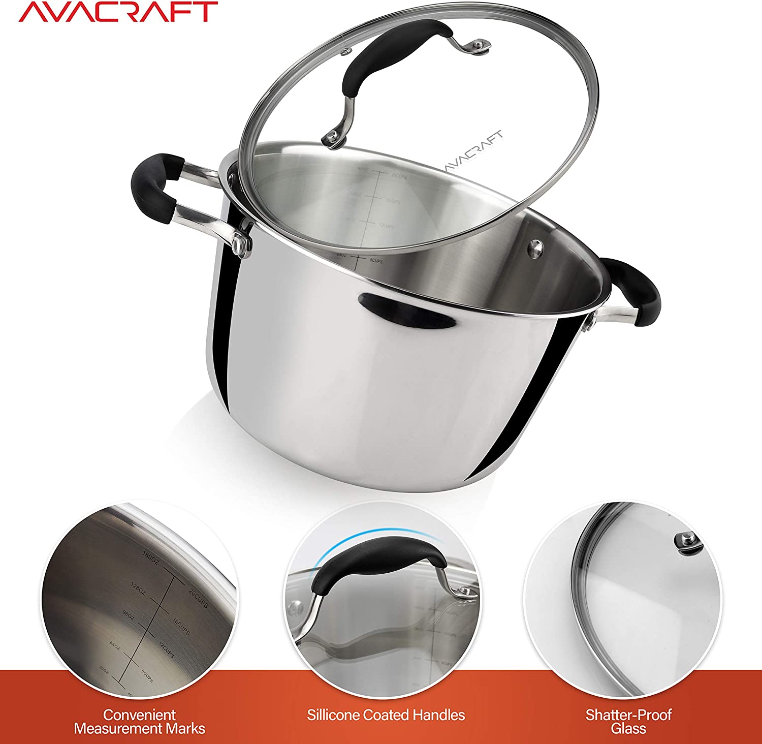 AVACRAFT 18/10 Stainless Steel Premium Multiclad Pots and Pans Set, 10