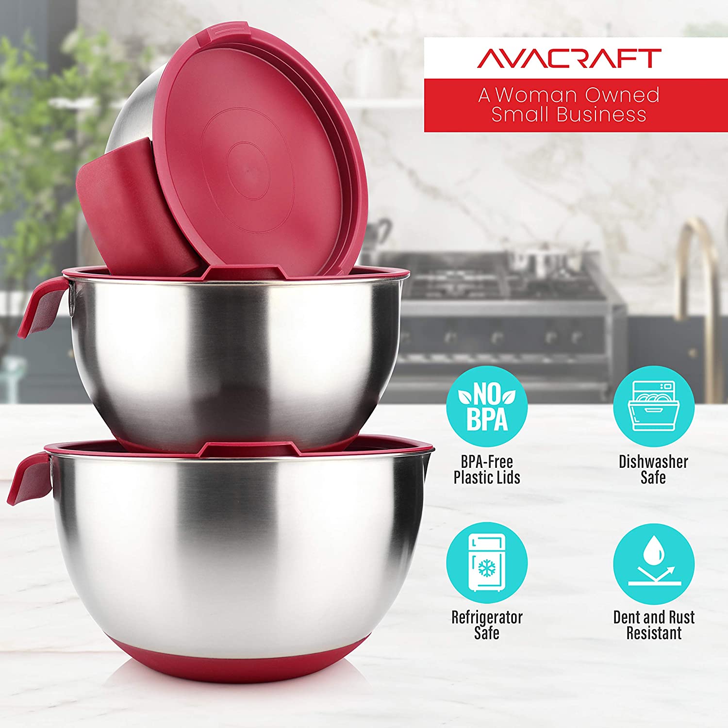 AVACRAFT 18/10 Stainless Steel Mixing Bowls with Lids, Non Slip Silicone Base Bowls with Handle, Mixing Bowl Set with Pour Spouts & Measurement