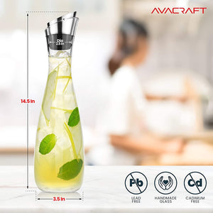 AVACRAFT Glass Carafe, Strong 3mm Thick, Hot and Cold Water Glass Pitcher with Lid and Spout, Hand Crafted, Juice Jar, 40 Oz