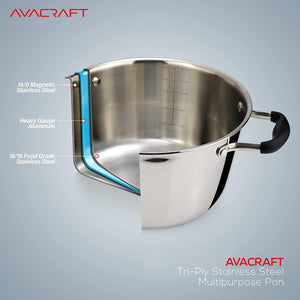 AVACRAFT Top Rated Tri-Ply Stainless Steel Saucepan with Glass Strainer Lid, Two Side Spouts, Ergonomic Handle, Multipurpose