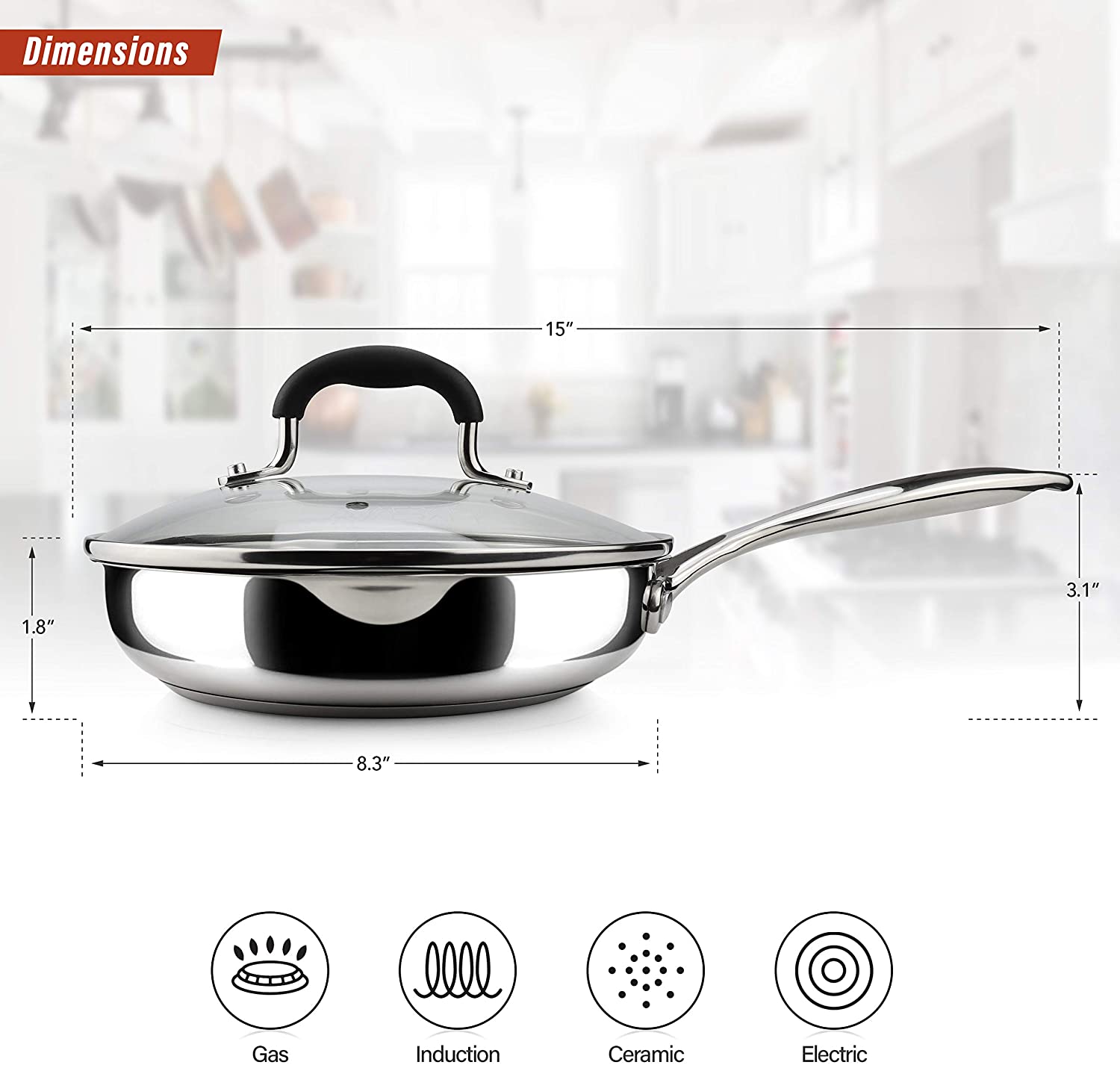 AVACRAFT 18/10 Stainless Steel Frying Pan with Lid and Side Spouts (Five-Ply Capsule Bottom, 8 Inch)