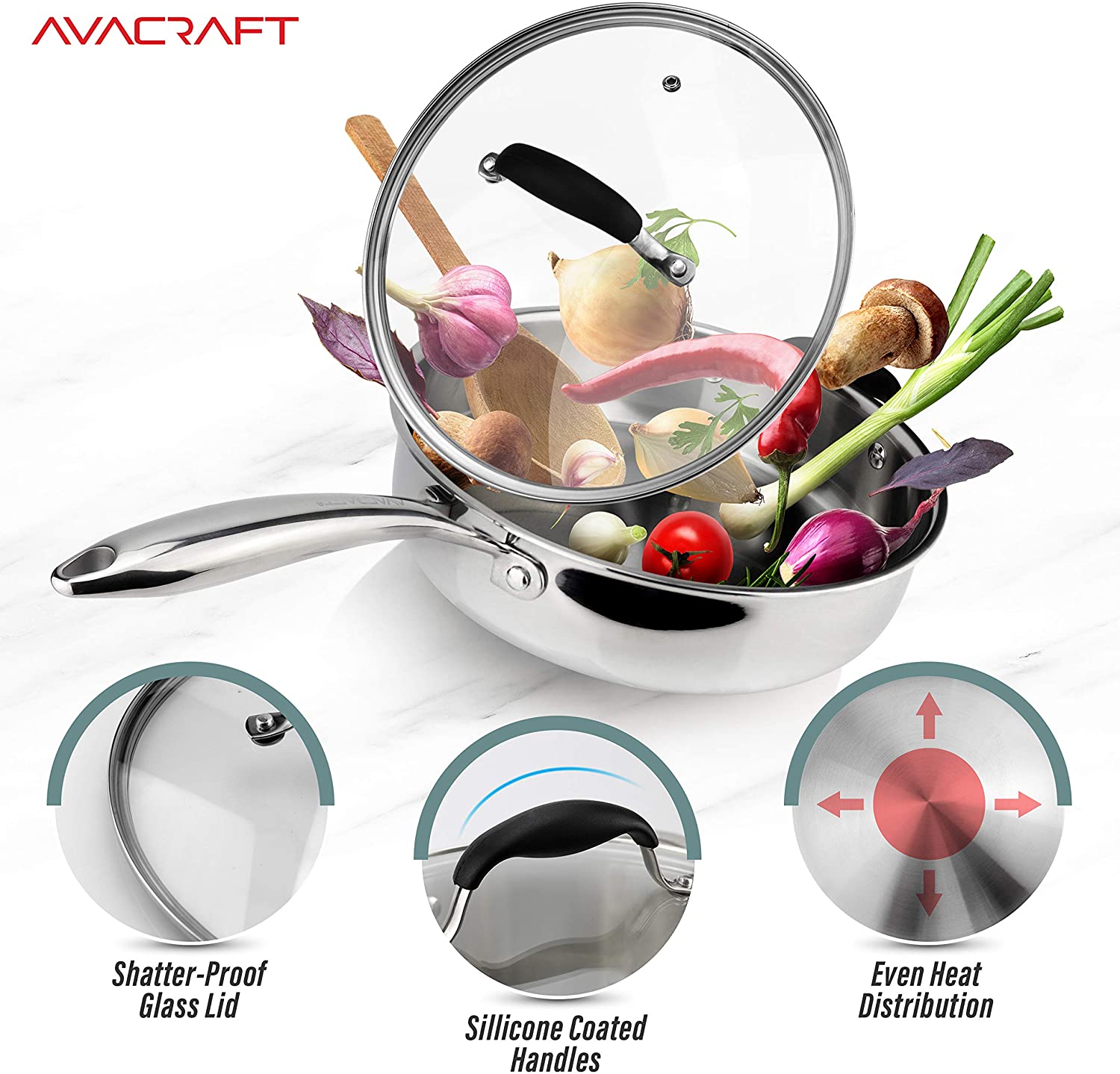 AVACRAFT 18/10 Stainless Steel Everyday Pan, Stir Fry Pan with