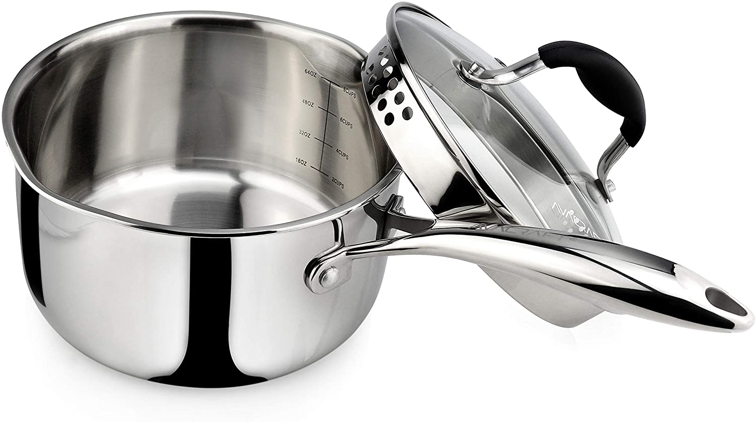 AVACRAFT Top Rated Tri-Ply Stainless Steel Saucepan with Glass Strainer Lid, Two Side Spouts, Ergonomic Handle (Tri-Ply Full Body, 2.5 Quart)