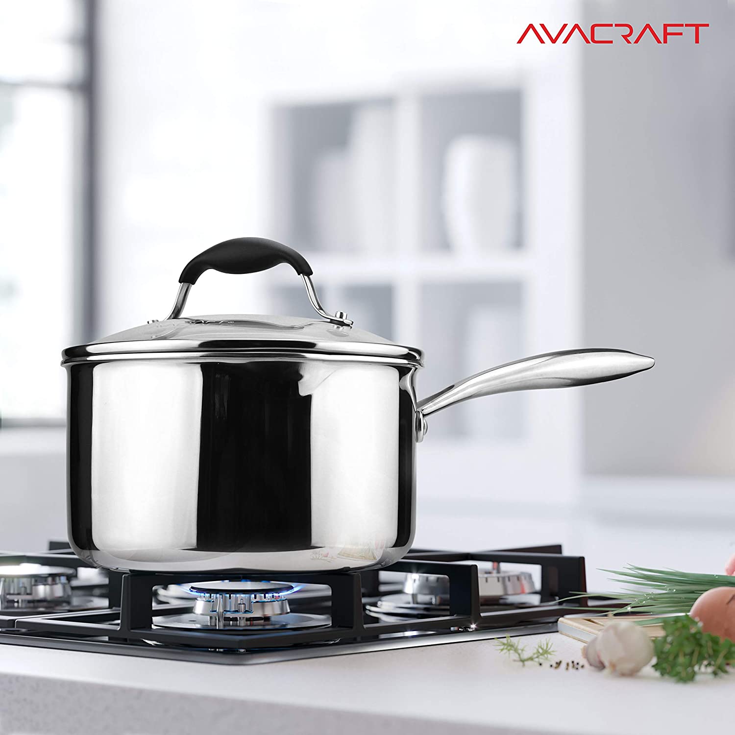 AVACRAFT Stainless Steel Saucepan with Glass Lid Strainer Lid Two Side Spouts for Easy Pour with Ergonomic Handle Multipurpose Sauce Pan with Lid