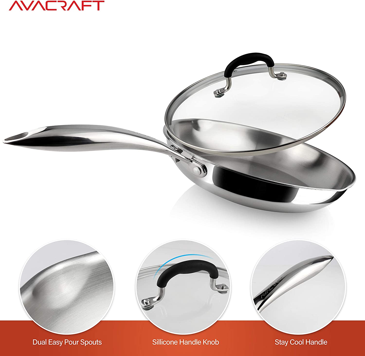 AVACRAFT Multipurpose Sauce Pan / Pot, Stainless Steel with Glass Strainer  Lid, Two Side Spouts for Easy Pour with Ergonomic Handle (Tri-Ply Capsule
