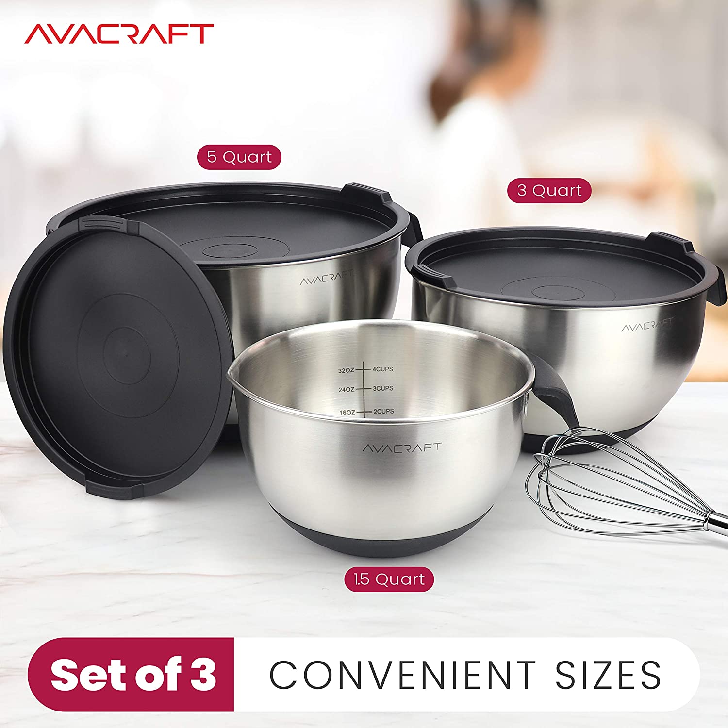 AVACRAFT 18/10 Top Rated Stainless Steel Mixing Bowls with Lids, Non-Slip Silicone Base, Measurement Marks and Handle, (Black)