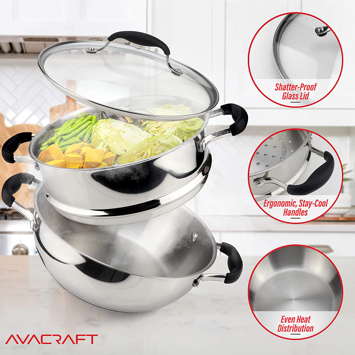 AVACRAFT 18/10, 3 Piece Stainless Steel Steamer Cooking Pot Set, Steamer for Cooking, Steamer Pan Set with Glass Lid, Momo Maker, Induction Steamer