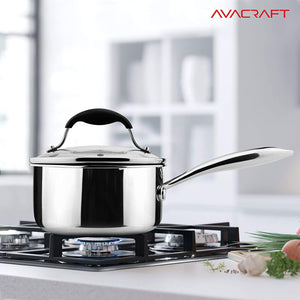 AVACRAFT Top Rated Tri-Ply Stainless Steel Saucepan with Glass Strainer Lid, Two Side Spouts, Ergonomic Handle (Tri-Ply Full Body, 1.5 Quart)