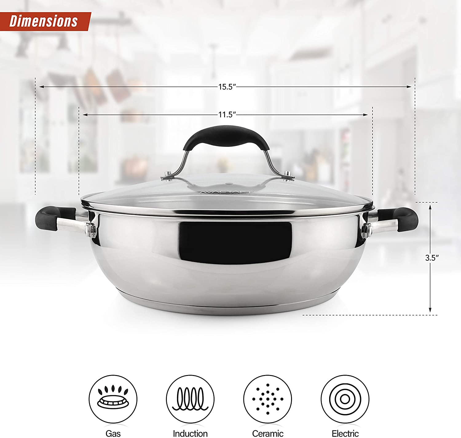 AVACRAFT 18/10 Stainless Steel Frying Pan with Lid and Side Spouts (Fi
