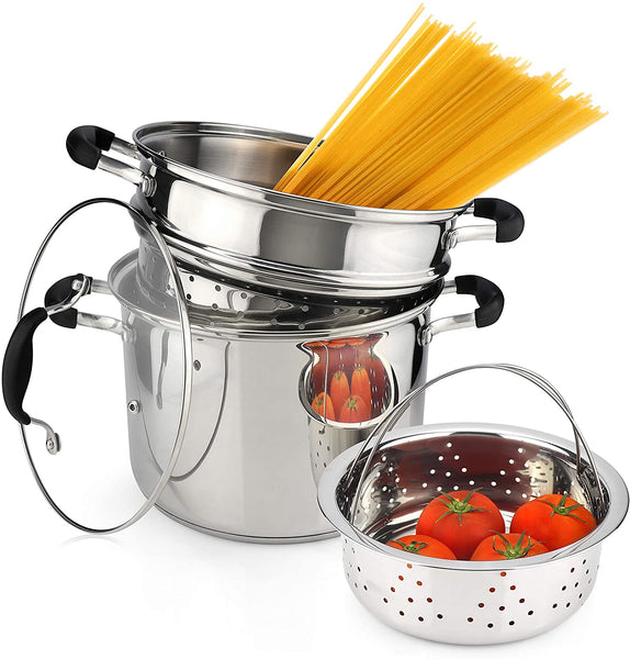 AVACRAFT 18/10 Stainless Steel, 4 Piece Pasta Pot with Steamer and Pas