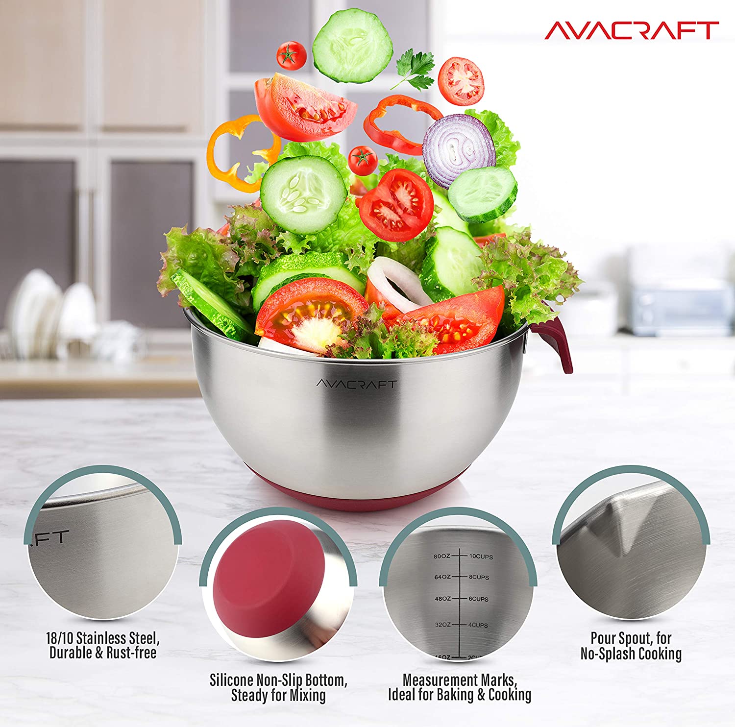 AVACRAFT 18/10 Top Rated Stainless Steel Mixing Bowls with Lids, Non-Slip Silicone base bowls, Measurement Marks, Spouts and Handle (Red)