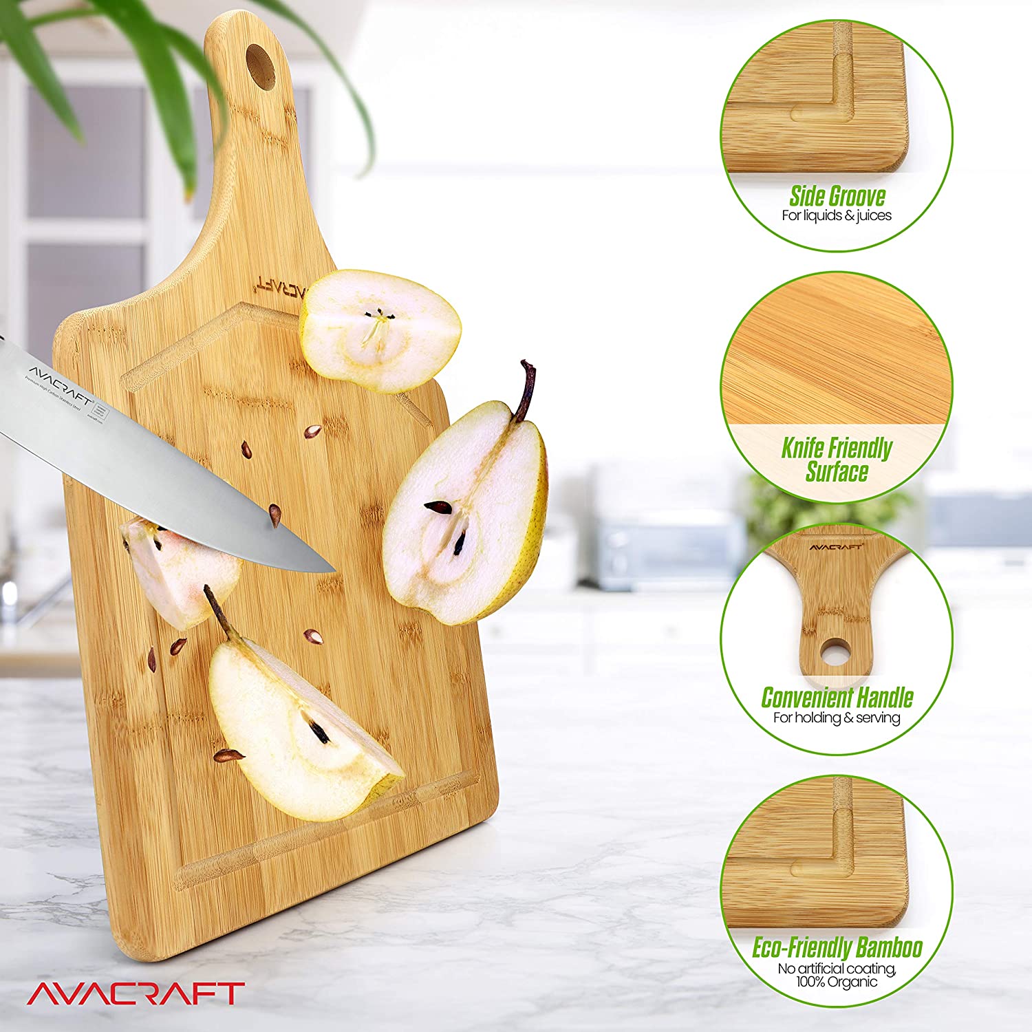 AVACRAFT Organic Bamboo Cutting Board with Handle, Wood Serving Board, Ideal Cutting Board for Cheese, Herbs (17X12 with Handle)