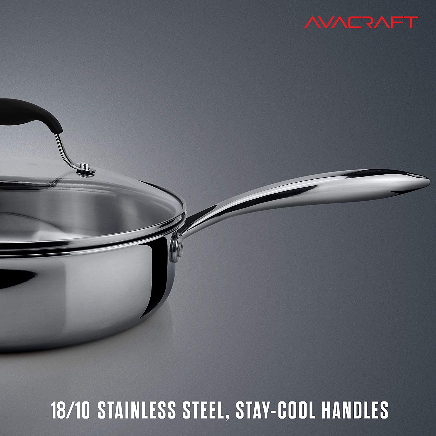 AVACRAFT 18/10 Stainless Steel Frying Pan with Lid and Side Spouts, Induction Co
