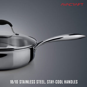 Inch Stainless Steel Skillet Frying Pan, Large Saute Pan with Lid and  Stay-Cool Handle, 5qt