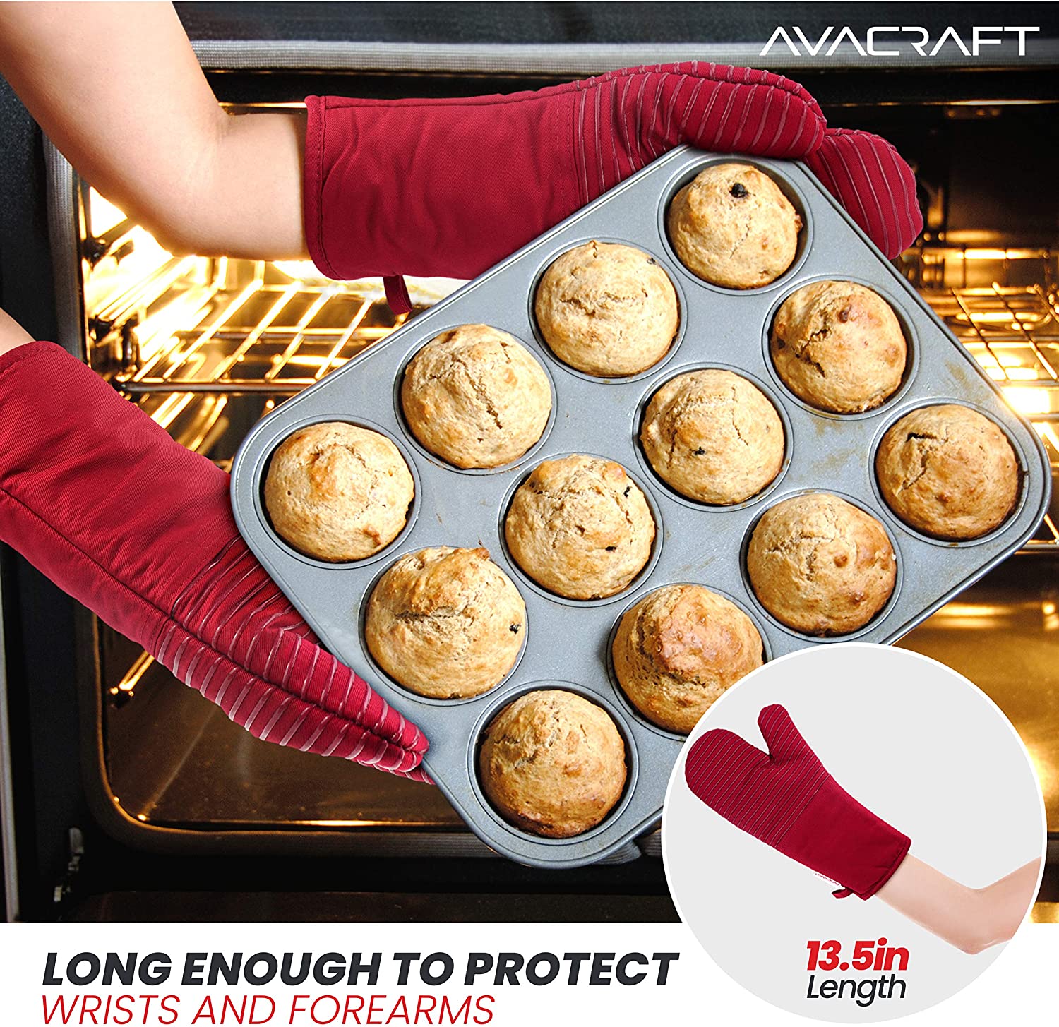 AVACRAFT Oven Mitts Pair, Flexible, 100% Cotton with Heat Resistant Food Grade Silicone, Thick Terrycloth Interior, 500 F Heat Resistant (Red Oven Mitts)