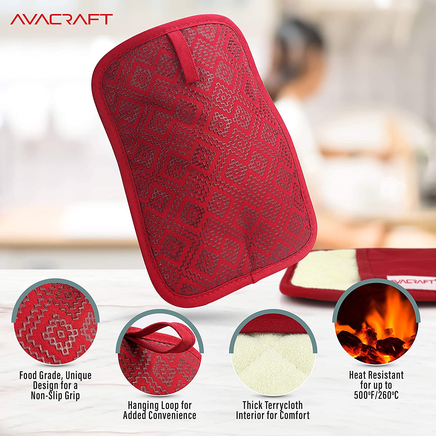AVACRAFT Oven Mitts Pair, Flexible, 100% Cotton with Unique Heat Resistant Food Grade Silicone, Thick Terry Cloth Interior, 500 F Heat Resistant