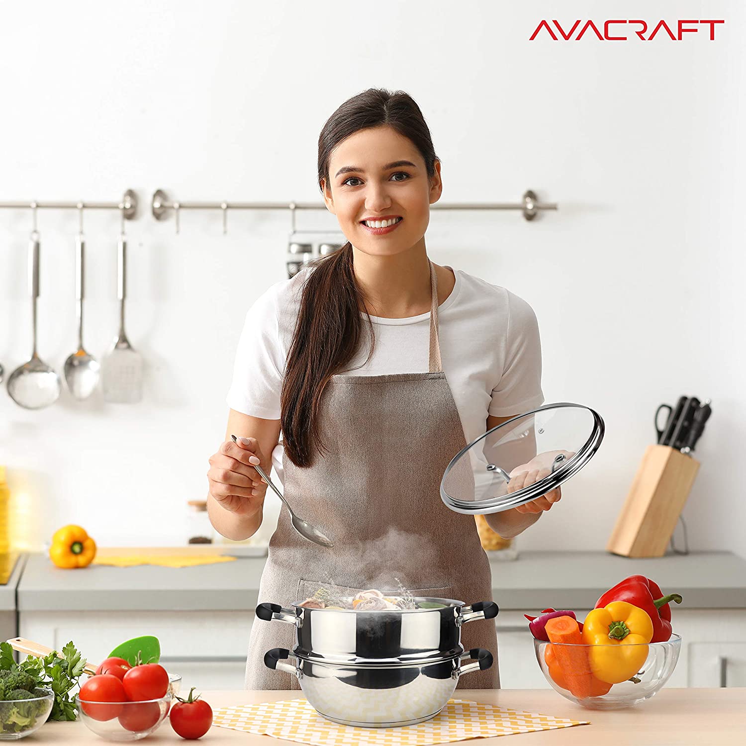 AVACRAFT 18/10, 3 Piece Stainless Steel Steamer Cooking Pot Set, Steamer for Cooking, Everyday Pan, Steamer Pan Set, with Glass Lid, Induction Cooktop